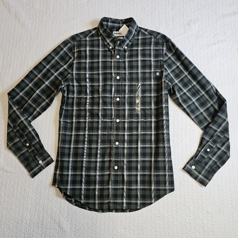 Timberland Men's Regular Fit Green Plaid Button Down Shirt